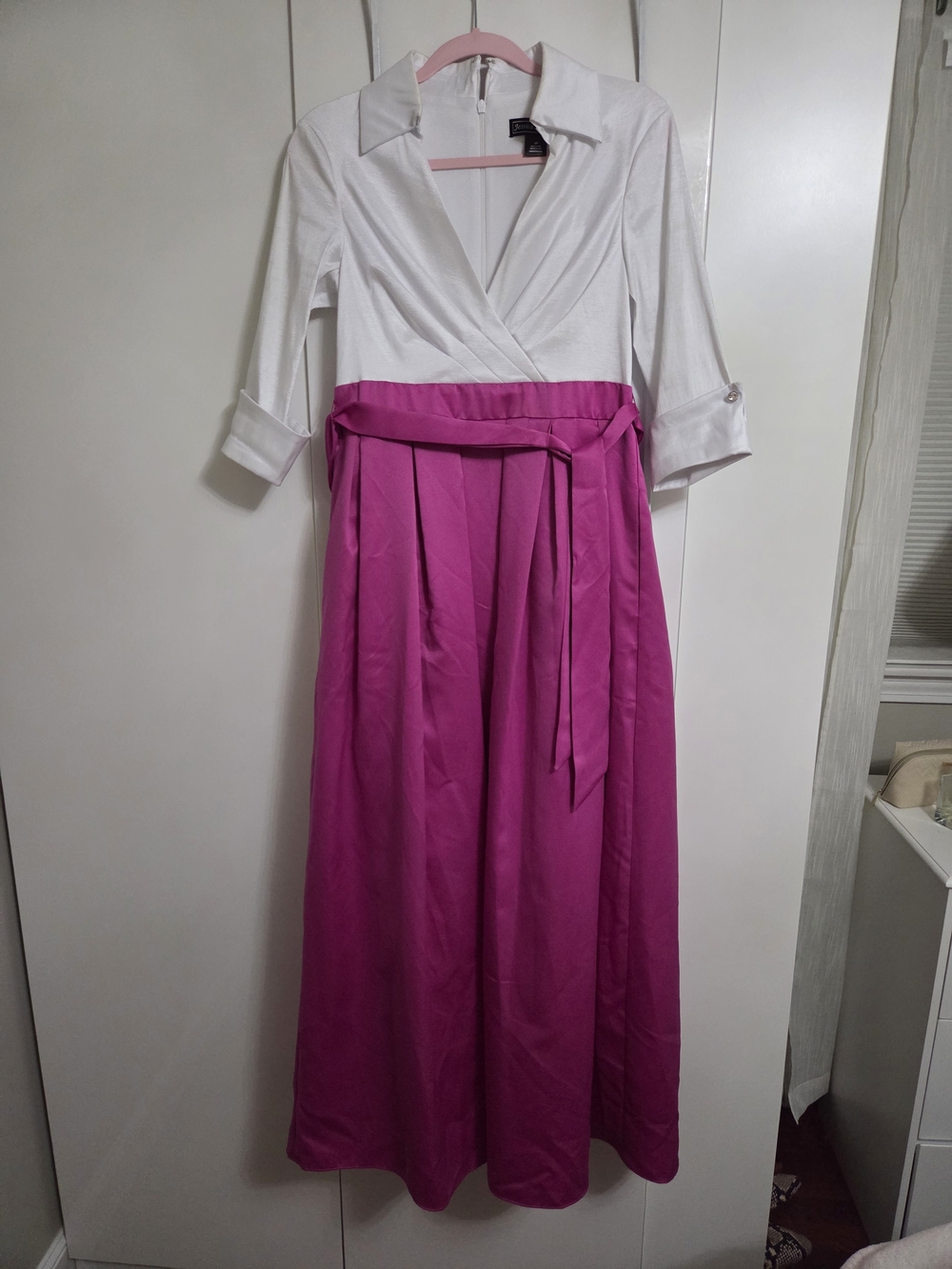 Jessica Howard White and Fuchsia Pleated Wrap Maxi Dress